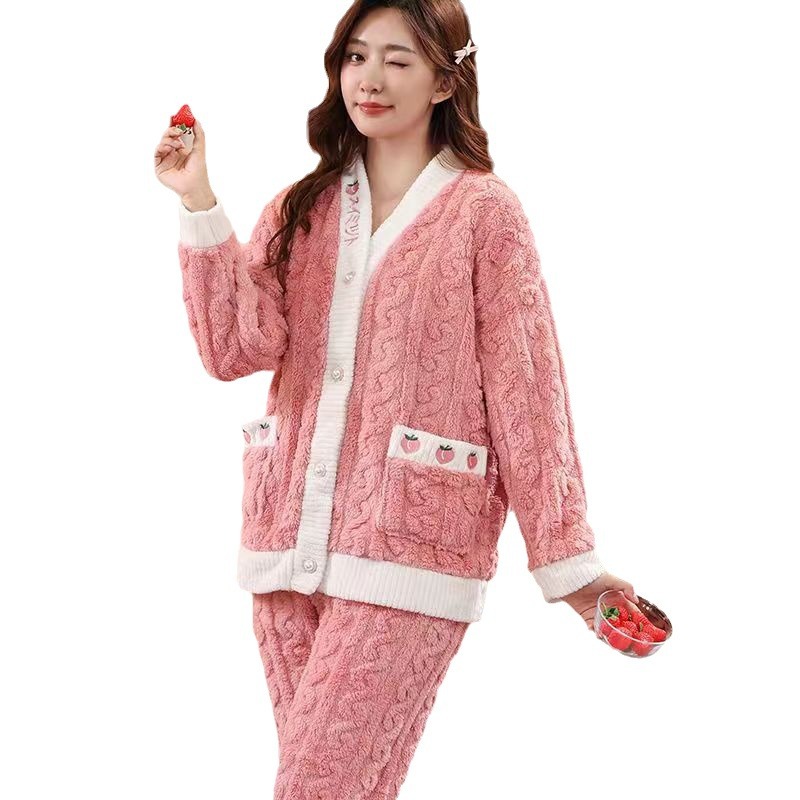Pijamas de lana de coral de caída especial para mujeres otoño y invierno gruesas calentadas dulces lindas prendas de franela para el hogar dos conjuntos
