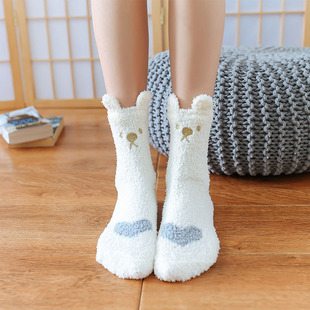 Coral Fleece Home Floor Socks Embroidered Carto Socks Children's Mid-Socks Moon Sleeping Socks Thickened Warm Plush Trendy