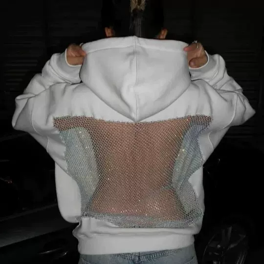 欧美跨境2025秋冬新款女装亚马逊时尚纯色露背镂空网纱连帽衫卫衣