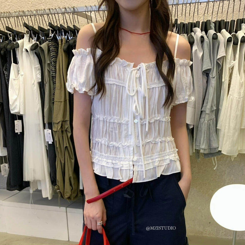 Clearance Sale, No Returns or Exchanges. Summer French-Style Sweet and Gentle Slim-Fit Ruched Off-Shoulder Tie Blouse for Women 157706 Clearance Sale, No Returns or Exchanges. Summer French-Style Sweet and Gentle Slim-Fit Ruched Off-Shoulder Tie Blouse for Women 157706