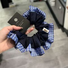 韩国东大门文艺少女撞色格纹褶皱肥肠圈藏蓝色显白感发圈头饰