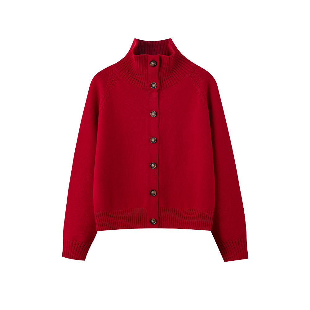 100% Cotton Turtleneck Knitted Cardigan Jacket for Women 2025 Spring Style Long-Sleeved Bright Red Cotton Top