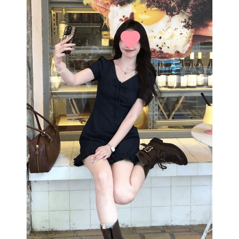 2025 新しい夏のスタイルフレンチスタイルレース半袖 V ネックドレス女性のウエスト痩身多用途スカート|undefined