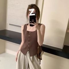 法式小香方领针织马甲2025年夏季设计感小众短款上衣无袖背心气质