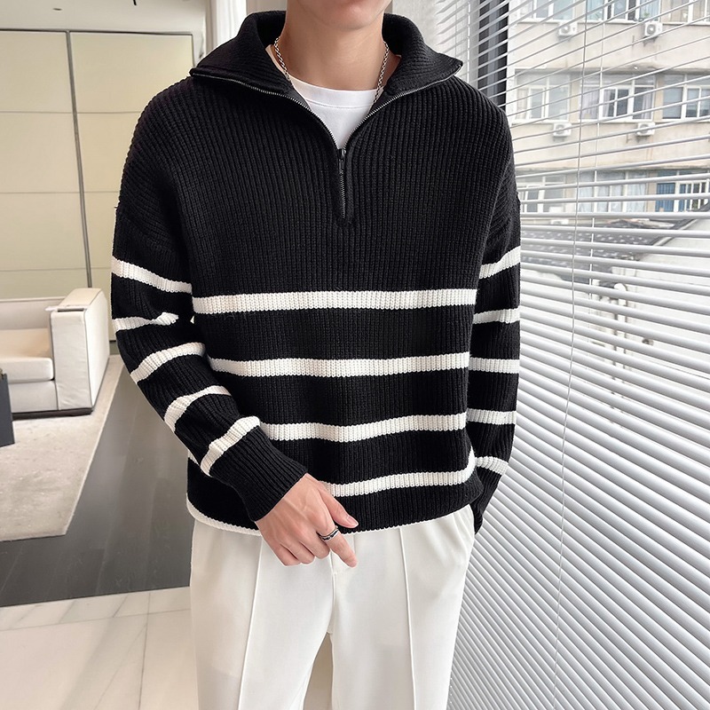 工厂直销跨境日系毛衣男冬装ins慵懒风bf复古软糯套头拉链针织衫