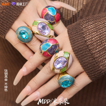 中古vintage时尚珐琅彩釉玻璃石戒指女ins夸张设计手饰不锈钢饰品