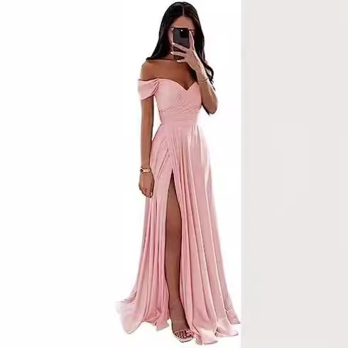 Amazon European and American Bridesmaid Dress Long Dress Slim Shoulder-Shoulder BFF Formal Dress Simple Sexy Split