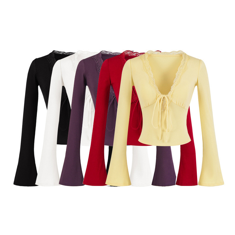 Pure Desire 2025 Autumn New Sexy Lace Trim Tie Long Sleeve T-Shirt Women's V-Neck Slim Fit Base Shirt Top