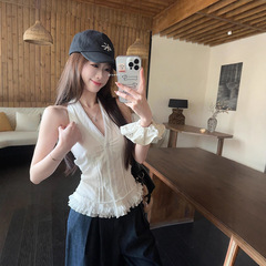 夏季2025新款白色蕾丝挂脖背心韩系chic甜辣纯欲风别致吊带上衣女