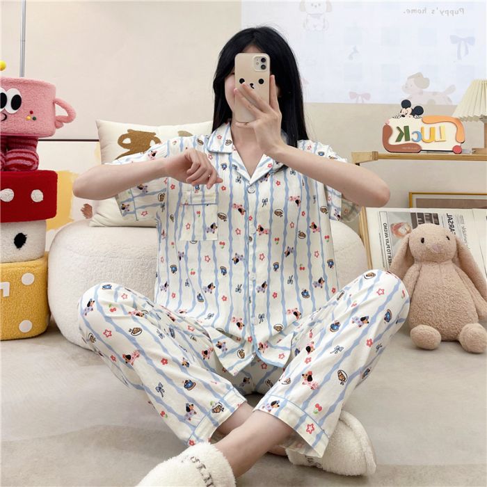 Pijamas transfronterizos al por mayor para mujer nube algodón otoño verano rebeca solapa pantalones de manga corta traje de servicio a domicilio simple y cómodo