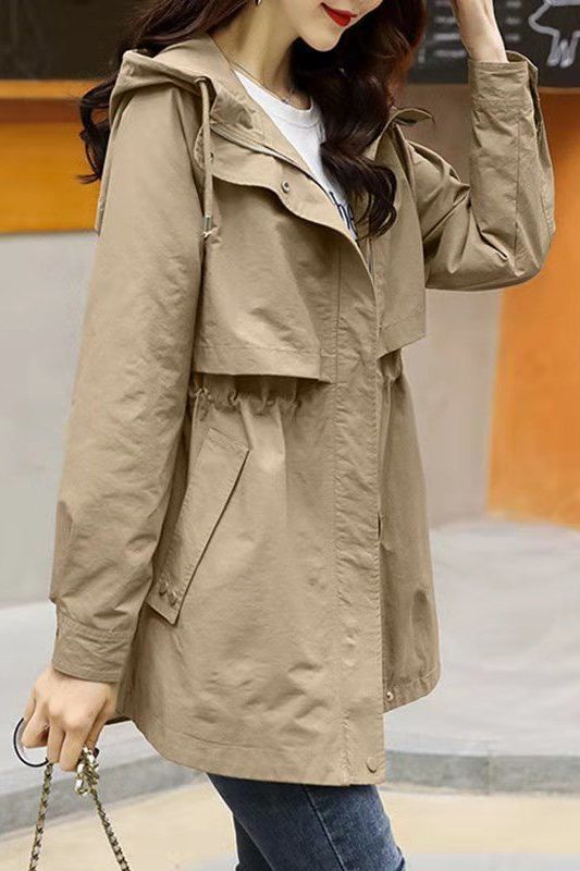 休闲小个子纯色风衣女中长款春秋冬新款宽松收腰连帽工装外套