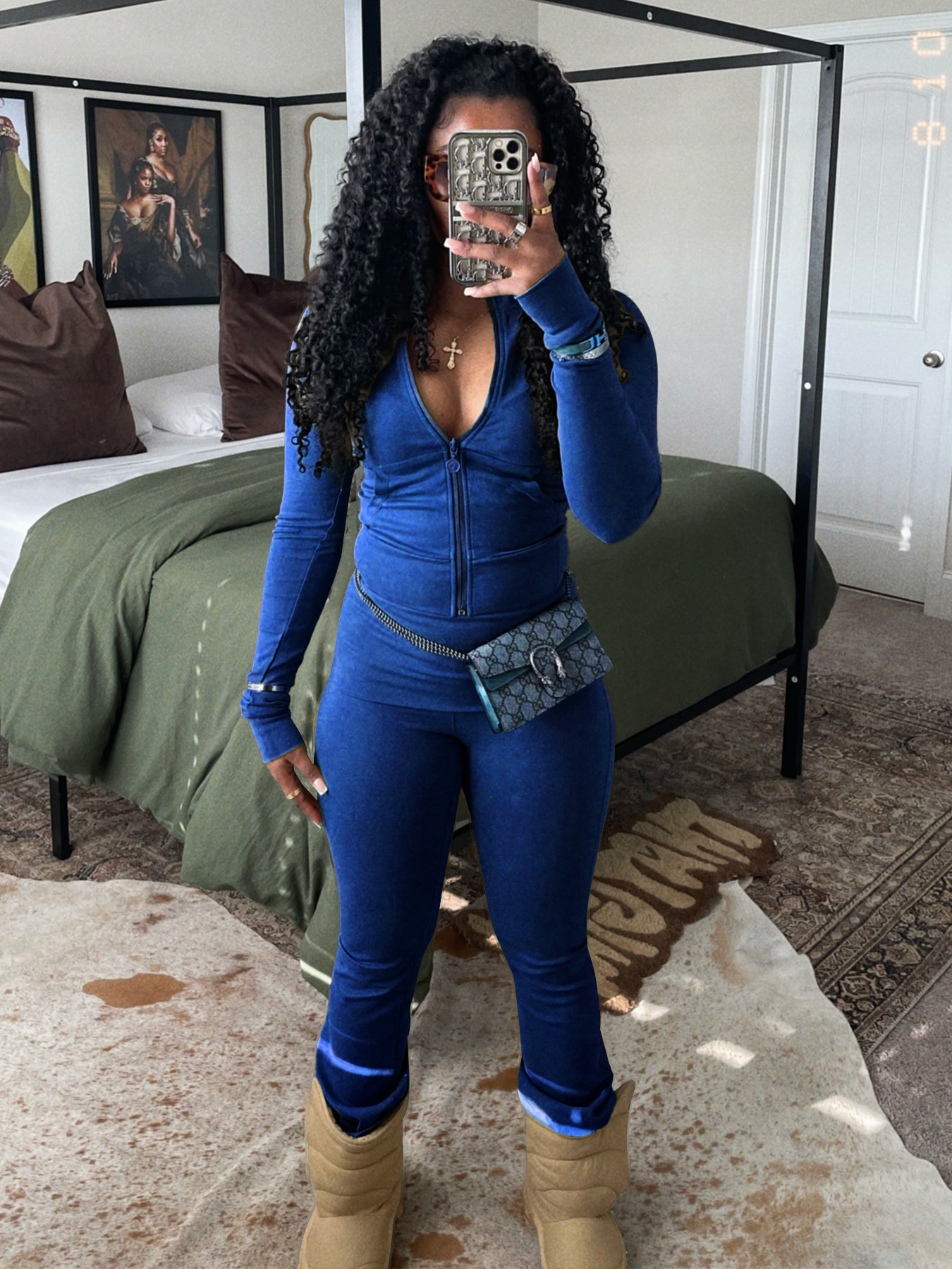 Women Clothing Sports Casual Tight Zipper Low Waist Fold Slightly Flared Fleece Lined Two Piece Sets