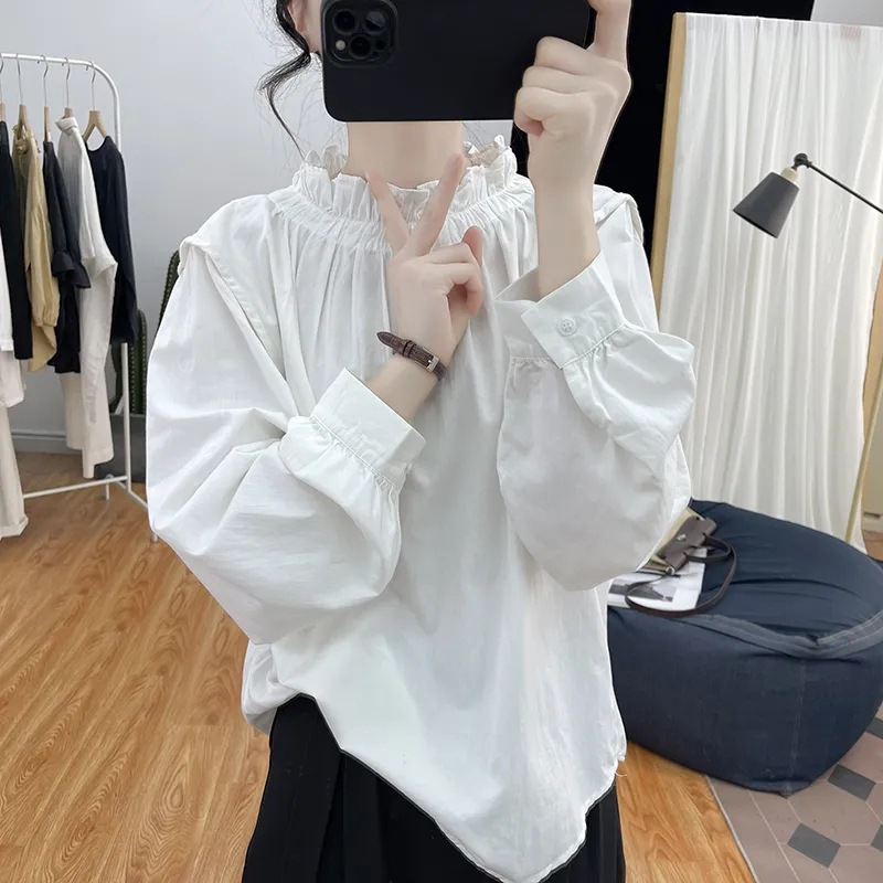 プルオーバー長袖ゆったりカバーTシャツ春夏フリル襟ランタンスリーブ綿麻長袖レディースおしゃれ年齢軽減トップス|undefined