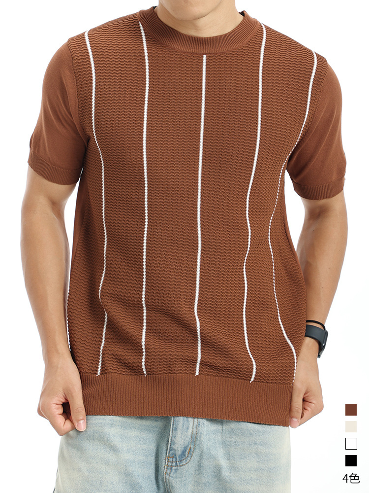 Hombre de cuello redondo camiseta de punto de seda de hielo hombre de lujo ligero de manga corta hombre de alta calidad de verano texturas delgadas chaqueta de hombre