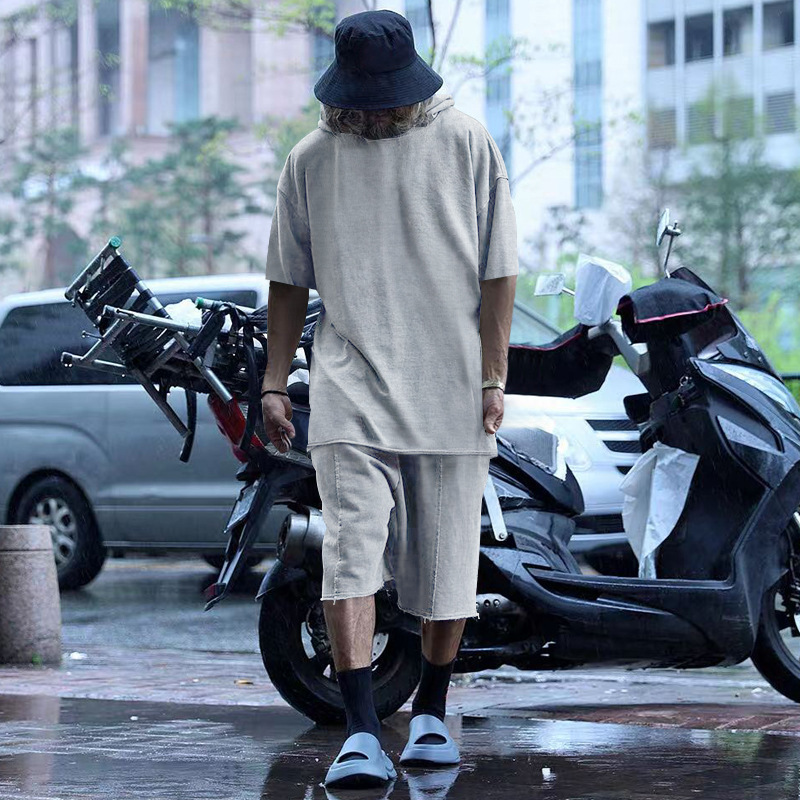 2024 Men's Short Sleeve Shorts Oversize Fur Loose Sports Casual Hooded Set_mkmklike.com