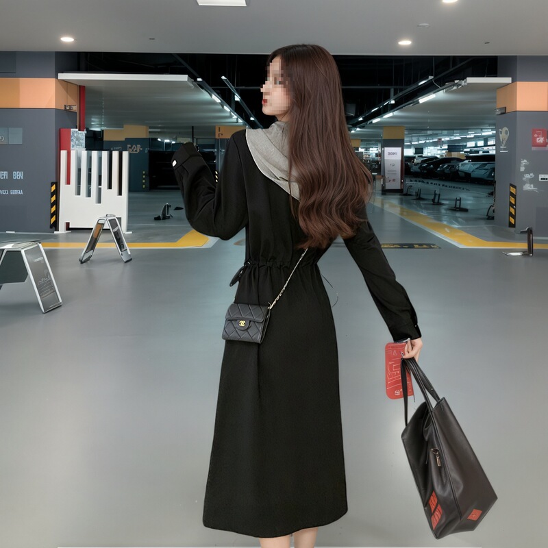 2025秋冬季新款女士休闲显瘦假两件连帽卫衣裙时尚气质收腰连衣裙|undefined