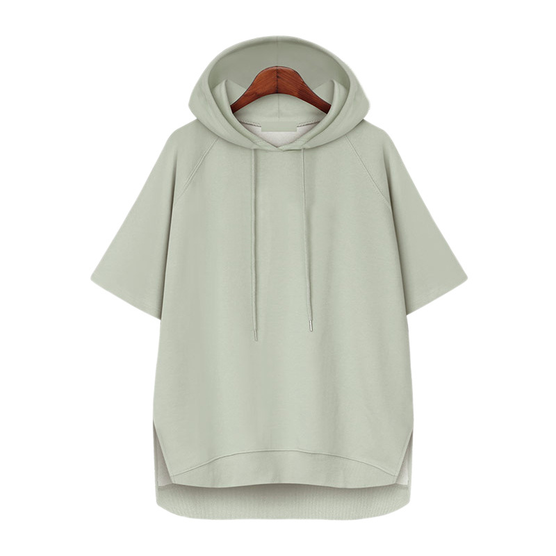 Estilo coreano color sólido simple verano cordón camiseta verano Mujer suéter con capucha manga corta suelta split 200kg Campus Todo a juego