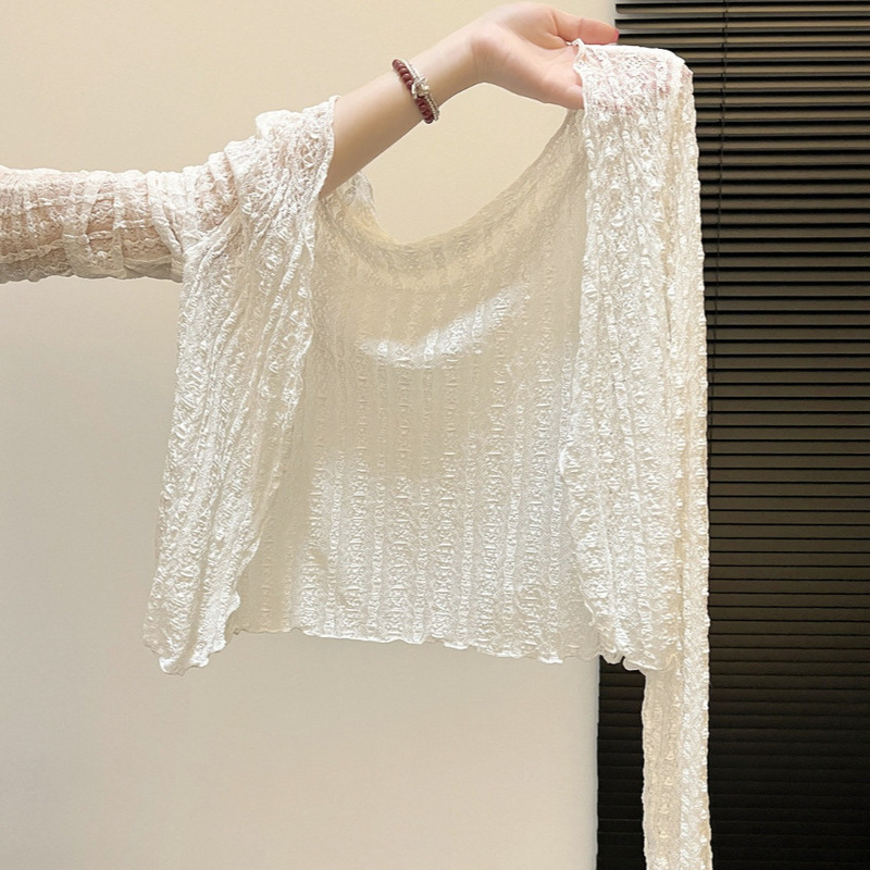 Sweet, Thin, Slightly Sheer Mesh Lace Sun Protection Cover-Up Paired with a Shawl Cardigan and a Youthful Textured Design Top