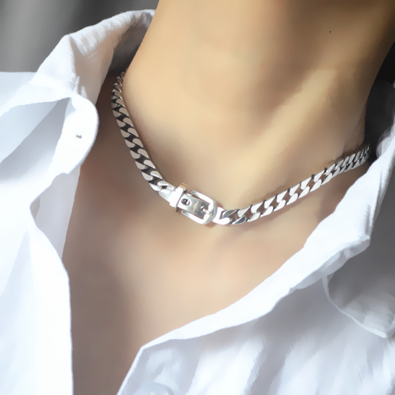925 Sterling Silver Thick Chain Belt Buckle Necklace Female Retro Collarbone Korean Version Ins Cold Wind Simple Fashion Personality Net Red