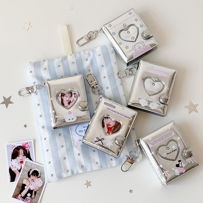 Silver Hollow-Out Heart Card Album, Photo Sticker Storage Album, Mini Photo Album for Idol Cards and Id Photos, Keychain Pendant