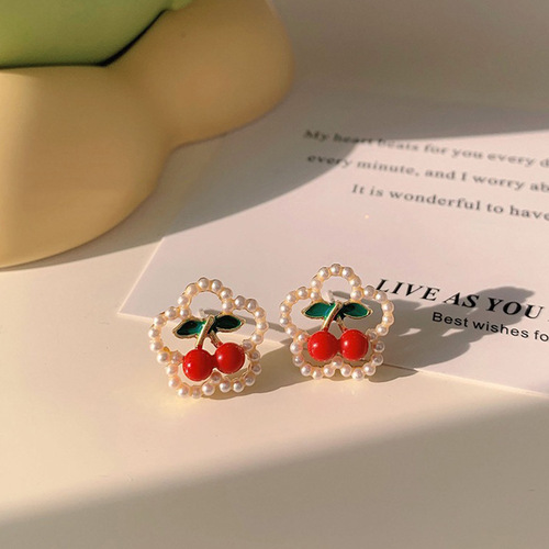 S925 Silver Pin Red Cherry Pearl Earrings for Women, Japanese Style, Fresh, Cute, Sweet, Unique Design, Wholesale Earrings