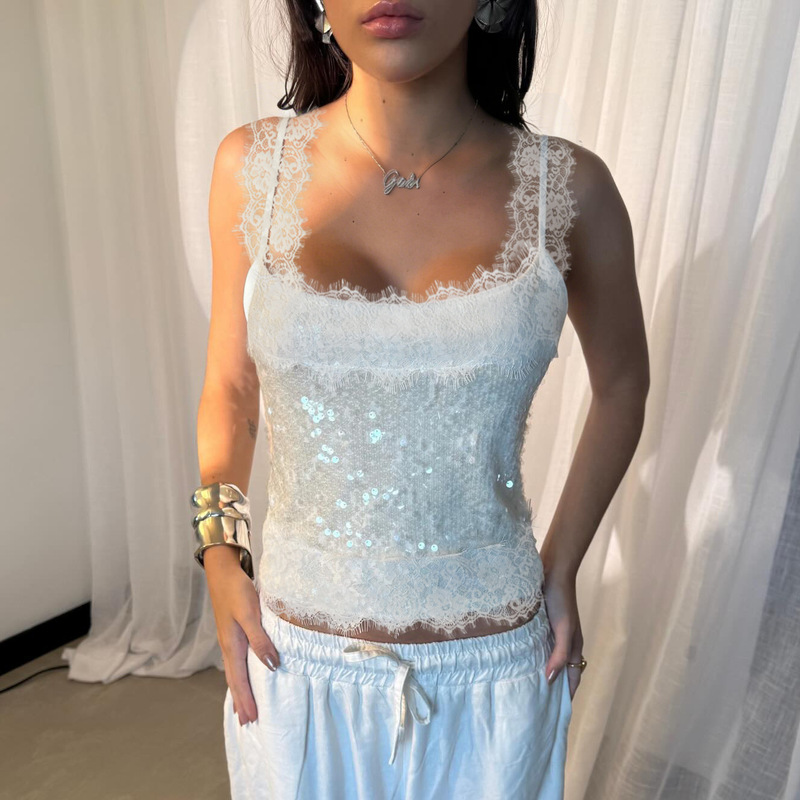 European and American Summer Cross-Border Sequined Lace Camisole Sleeveless Sexy Knitted Fashion Vest Amazon Foreign Trade Women's Clothing