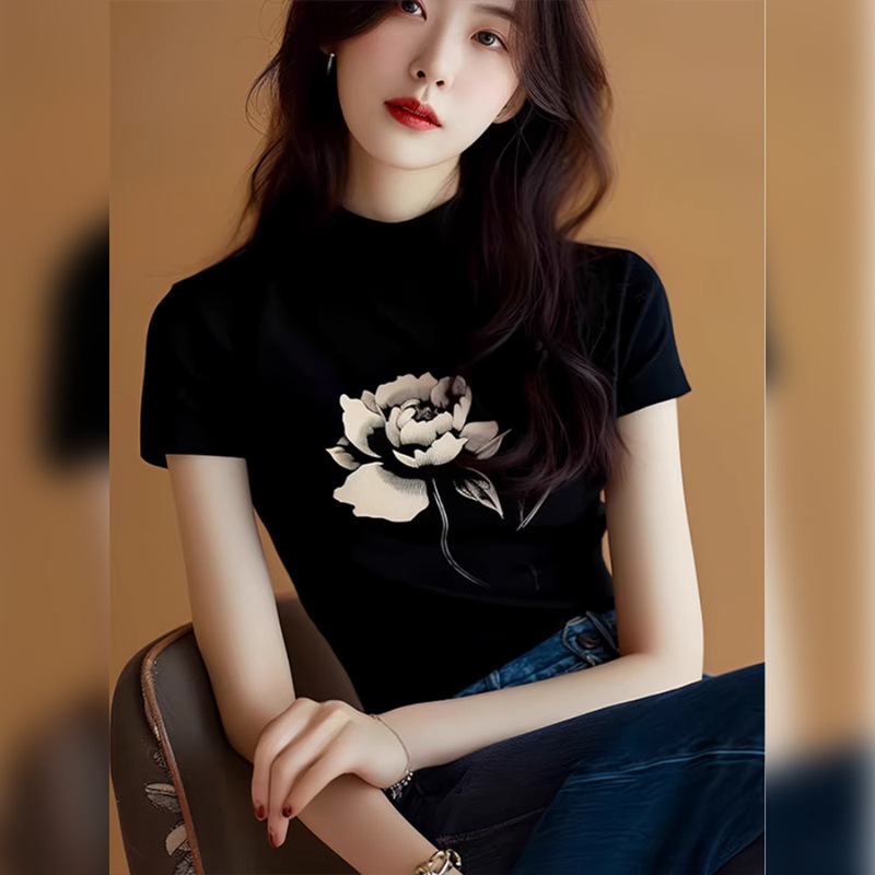 Black Rose Print Half Turtleneck Right Shoulder Short-Sleeved T-Shirt for Women Summer 2025 New Spring Korean Chic Top
