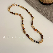 2024新款仿虎眼石金属拼接串珠毛衣项链女轻奢风小众双层叠戴颈链