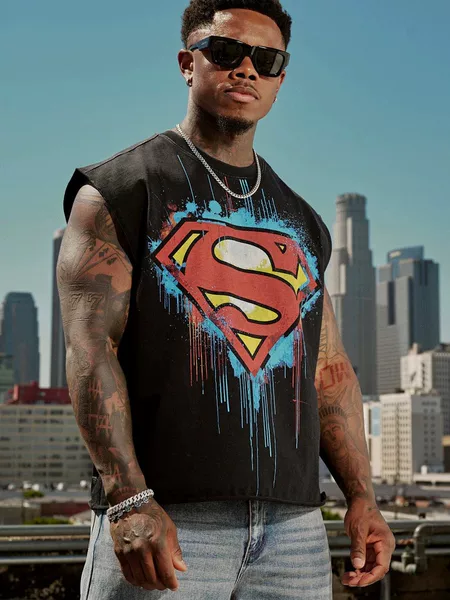 Youngla Co-Branded Superman Theme Printed Men's Oversized T-Shirt Sports Fitness Loose Cotton Vest