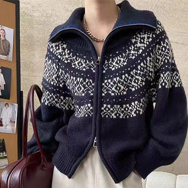 Retro Jacquard Lapel Double Zipper Red Sweater Jacket Women's Autumn and Winter Fair Isle New Year Christmas Knitted Cardigan