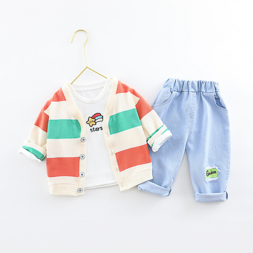 Children's clothing one piece goods delivery rice woolen boy suit rainbow button cardigan jeans children's spring clothing