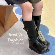 跨境批发韩版儿童秋冬复古骑士靴不过膝加绒黑色大童长靴贴牌定做