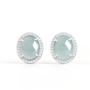 S925 Silver Inlaid Natural A-Grade Jadeite Blue Water Egg Surface Earrings Earrings Ice Jade High-End Fashion Earrings for Women