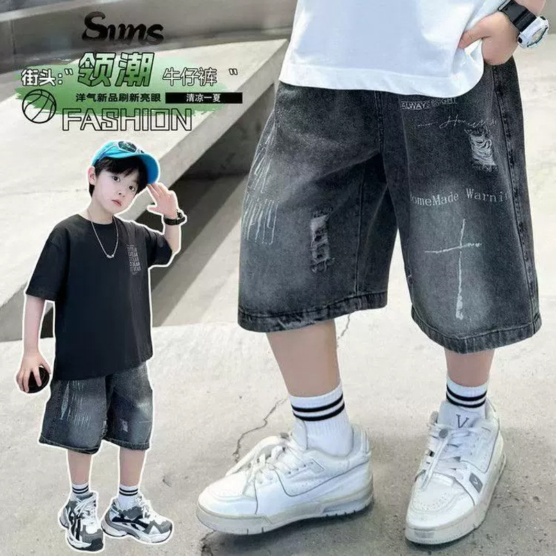 Children's Pants, Boys' Denim Shorts, Stylish Black Boys' Summer Mid-Length Pants, Korean Style Trendy Cool 2026 Sports Summer Wear