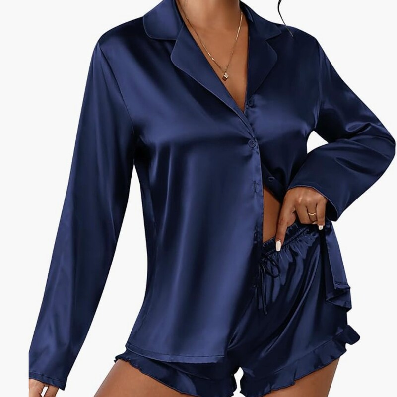 Customized Amazon Women's Satin Pajama Set from the Source Manufacturer, Long-Sleeved Top and Shorts Lounge Set