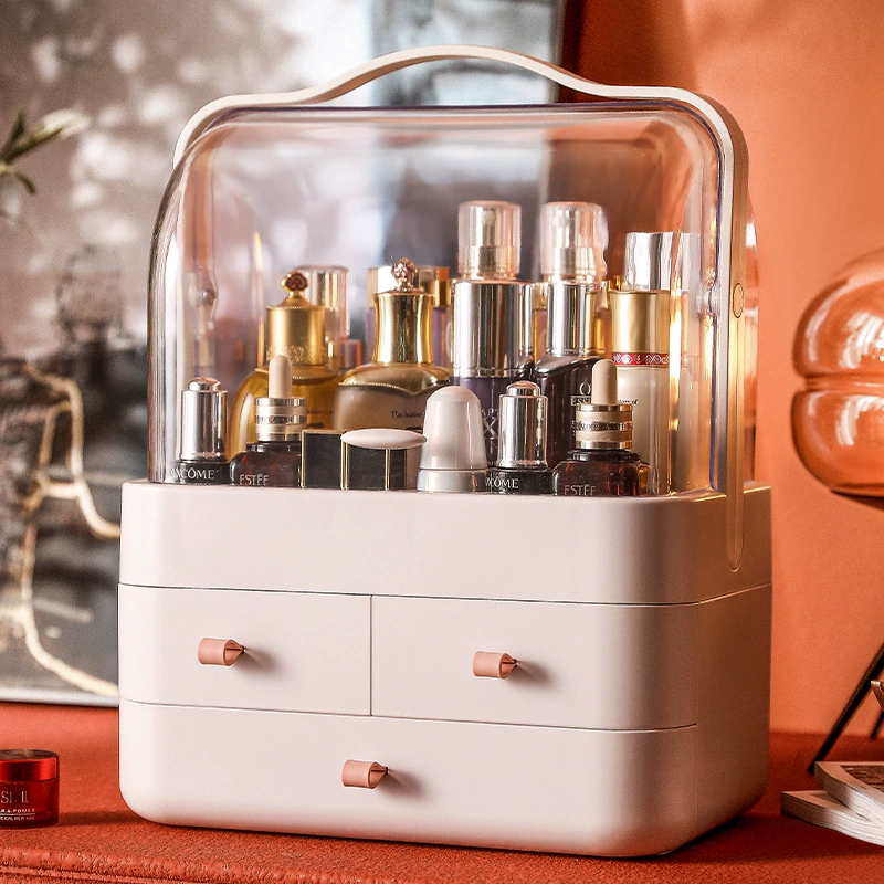 Cosmetic Storage Box, 3-Layer Makeup Organizer with Drawers & Transparent Hood, Portable Handle