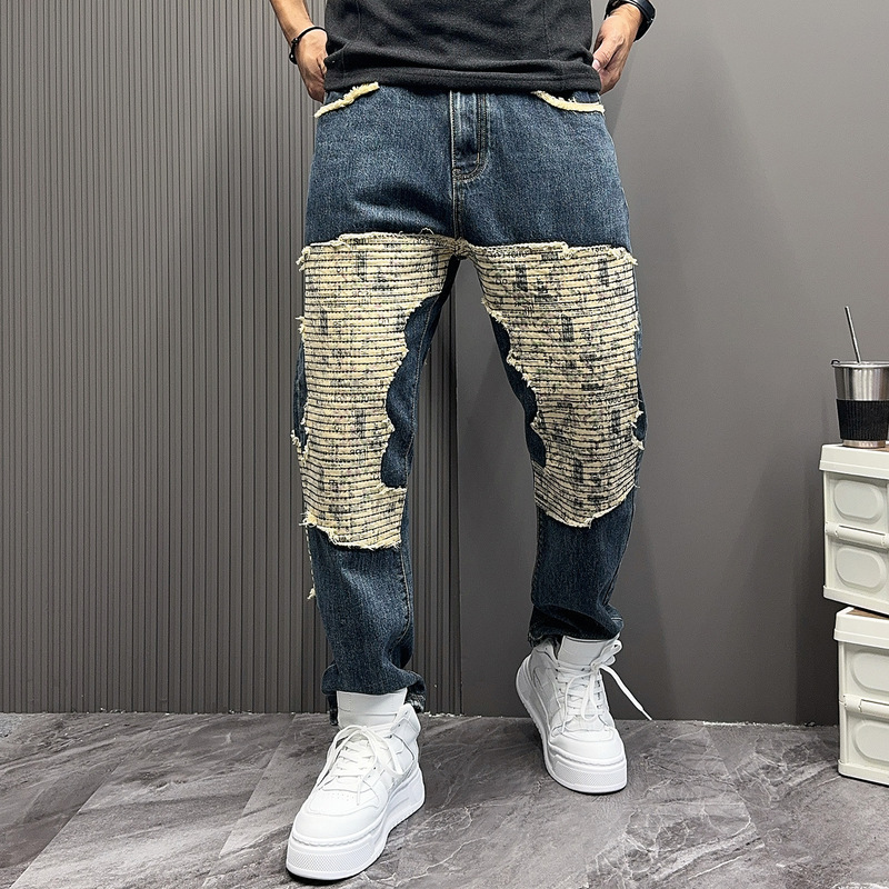 Trendy Brand Heavy Patchwork Design Slightly Baggy Jeans Men's Trendy Hairstylist Slim Fit Tapered Pants
