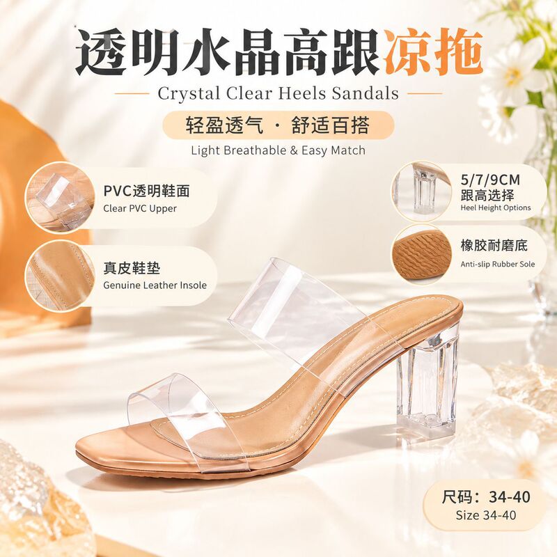 2026 new transparent crystal chunky heel high-heeled sandals for women, summer square-toe one-strap PVC outdoor slippers, versatile