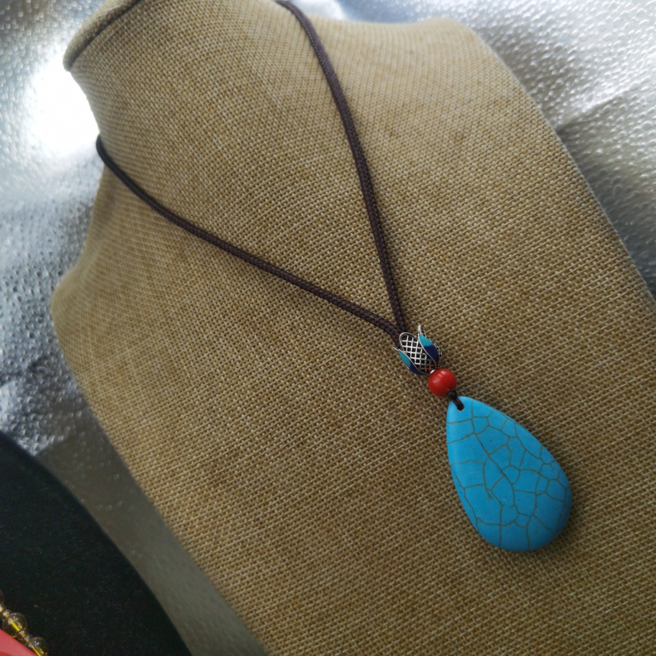 Retro turquoise ethnic pendant for elderly drop-shaped