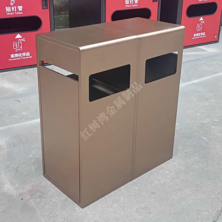 户外公共环卫抽拉式滑轨电镀香槟金两连体不锈钢分类垃圾桶果皮箱