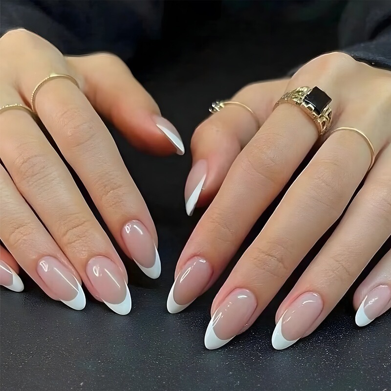 Simple Almond-Shaped French White-Edged Wearable Nail Art Finished Fake Nails French Style Removable Nail Patches Wholesale
