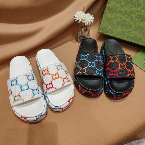 Factory Direct Supply  New Arrival Single Double G Home-stitched Gradient White Thick Sole Height Printed Slap Sandals