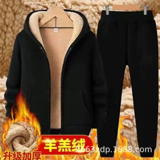 羊羔绒加厚男士休闲套装青少年流行运动衫冬季加绒卫裤连帽外套潮