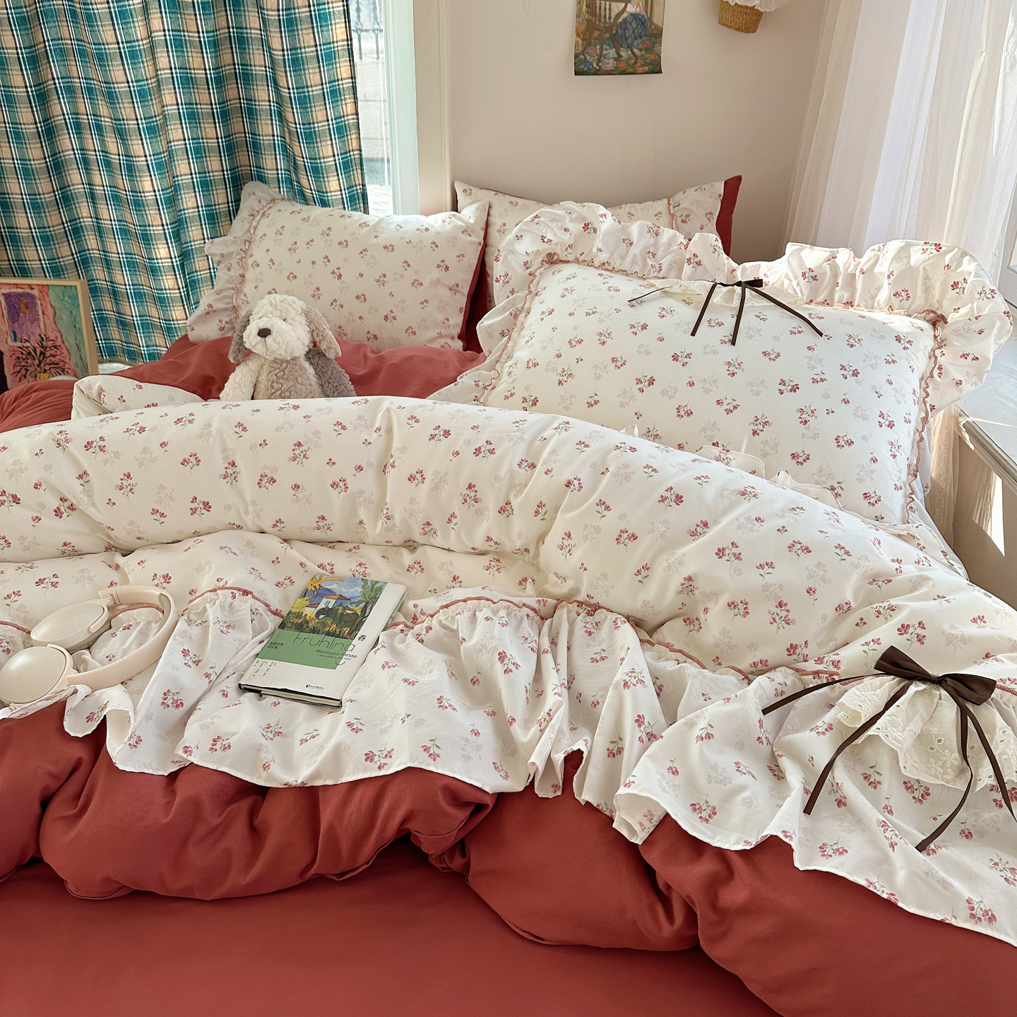 Cama de aire princesa de algodón de encaje de cuatro piezas madre y bebé clase A sábanas de cama desnudas cubierta cama de dormitorio gaza de tres piezas