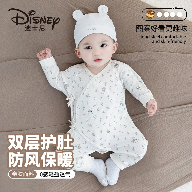 Новый детский комбинезон Disney, защита живота для новорожденных, халат на шнуровке с косыми лацканами, детский халат-бабочка из чистого хлопка с длинными рукавами