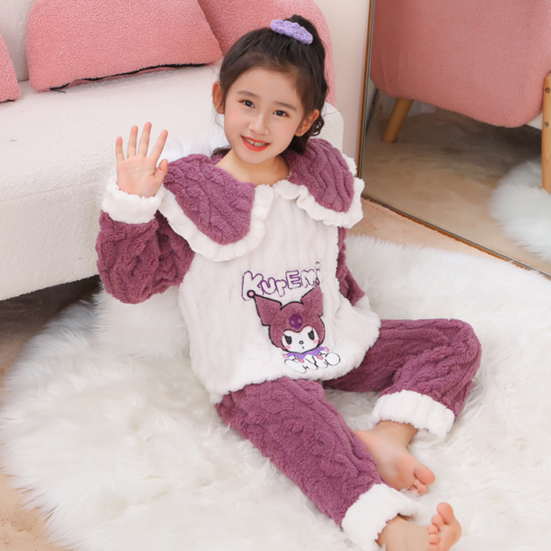 Otoño y invierno niños pijamas de franela niñas más terciopelo grueso coral terciopelo dibujos animados lindos set de ropa cálida para el hogar