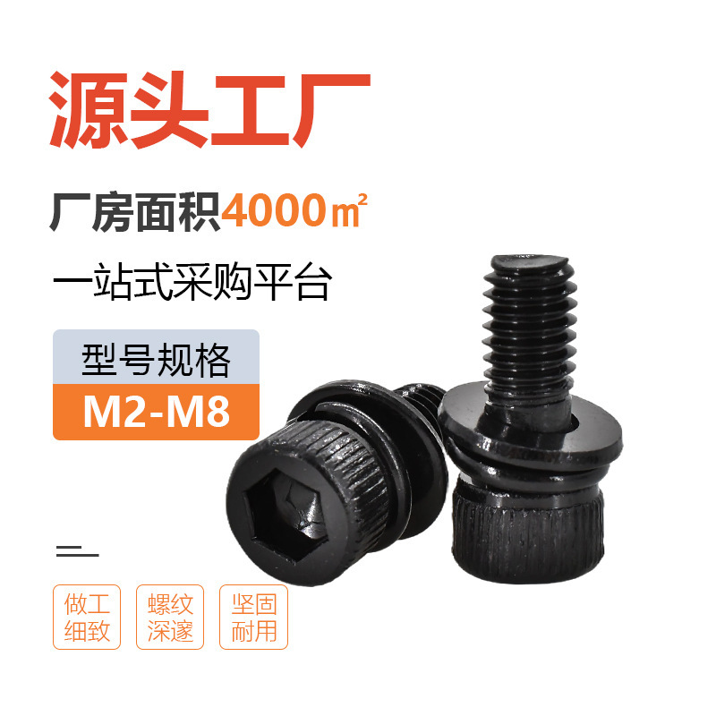 304ステンレスの黒い円柱の中六角の3つの組み合わせのねじのボルトの杯の頭は花をこすります機のねじの平弾のパッド|undefined