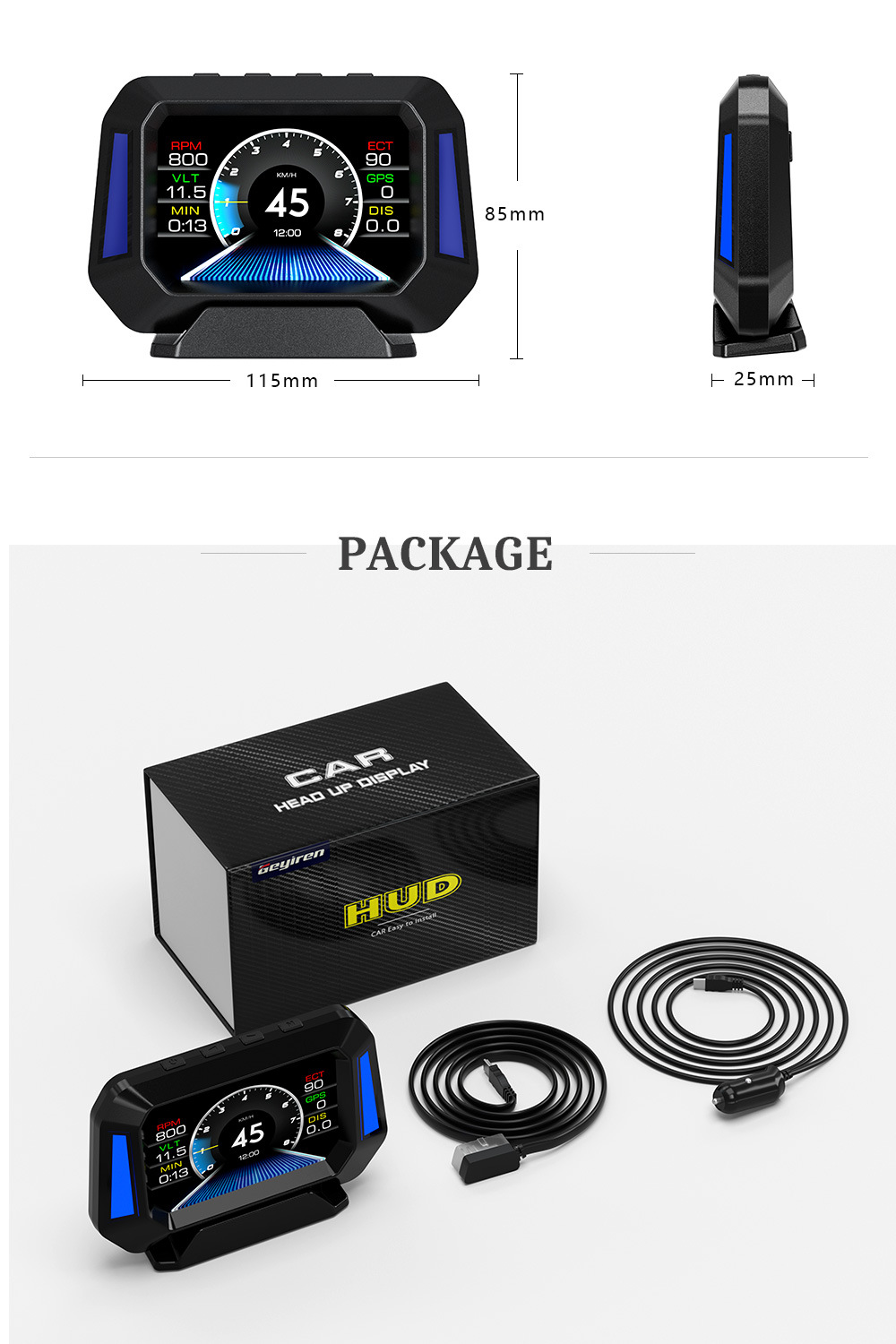 Weiying P21 Head-Up Display Portable In-Car Hud Multi-Function Driving Computer with Inclinometer and Speedometer