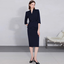 春夏藏青色七分袖V领职业女裙套装修身显瘦高级感中长款女裙正装