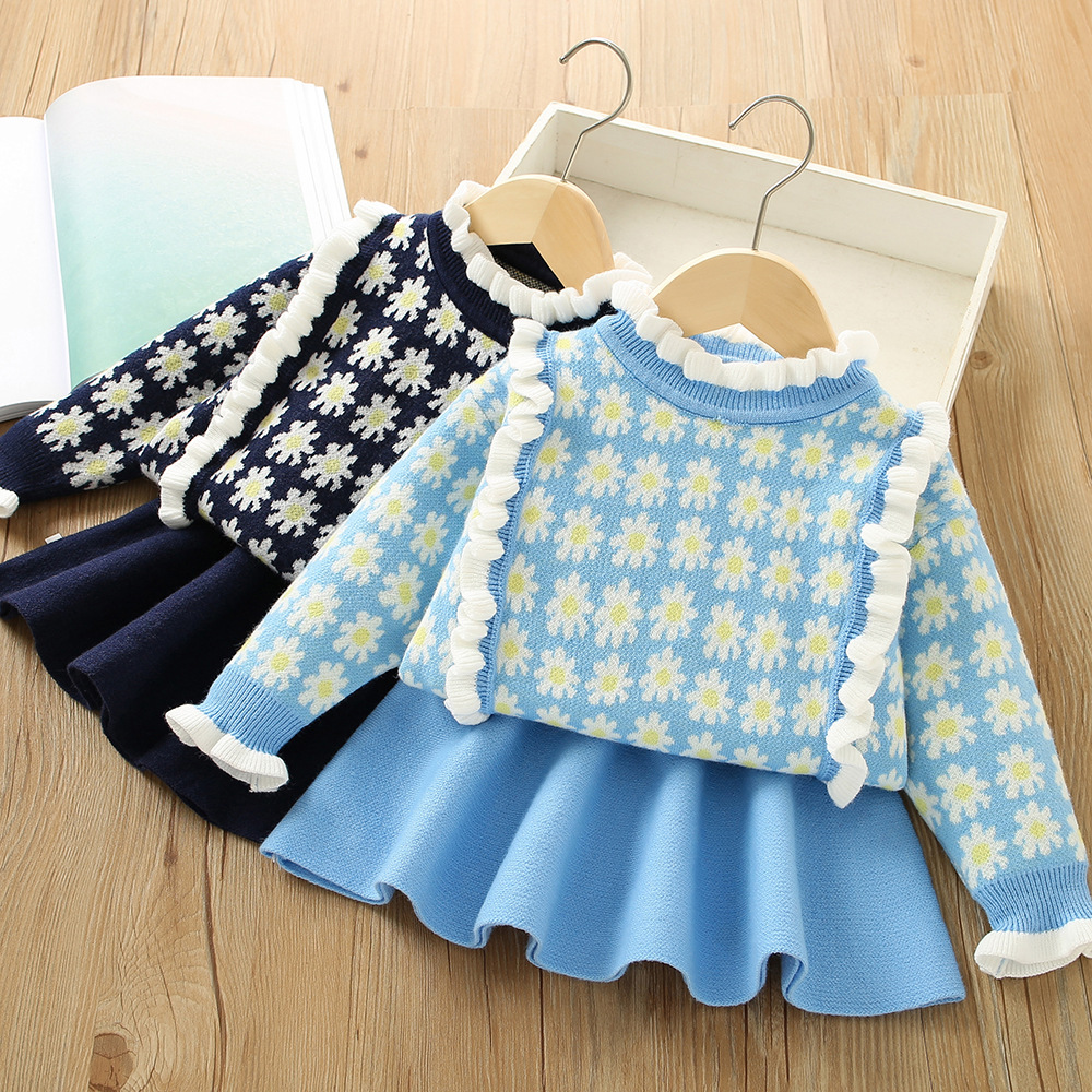 Girls' Sweater Set 2023 Autumn/Winter New Western Korean Edition Women's Treasure Flower Ear Edge Long sleeved_voghion.com